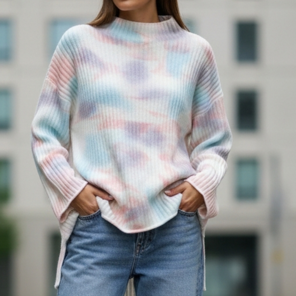 POL Pastel Oversize Sweater Large Splash Print Mock Large Hi Low Hem Ribbed